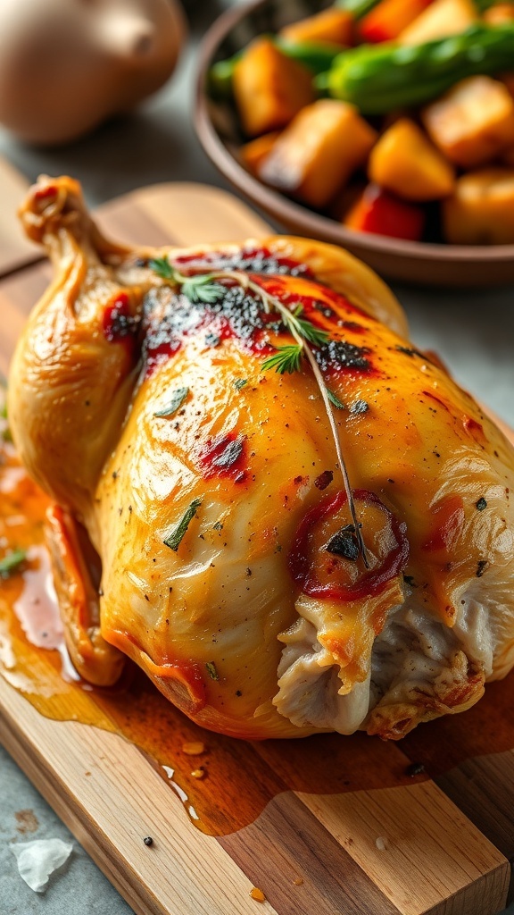 Crispy Air Fryer Half Chicken Recipe Crispy half chicken on a wooden board, garnished with herbs, with roasted vegetables in the background.
